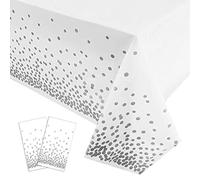 2Pcs 137*274cm White and Silver Disposable Table Cloth Table Covers,Party Dot Confetti Rectangular Tablecover Plastic Tablecloths for Picnic,Baby Shower,Wedding,Christmas,Birthday Parties Decor