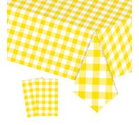 2pcs 137*274cm Yellow White Checkered Table Cloth Party,Square Plastic Table Cloth Wipe Clean,Gingham Pvc TableCloths Rectangular Waterproof Plaid Table Cover for Birthday Easter Party TableCloth
