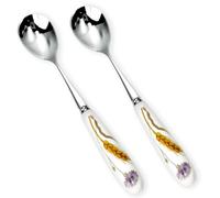 2PCS 14cm 5.5inch Mirror-Polished Exquisite Light-Luxury Daily Coffee Spoon | Long-Lasting 18-10 Stainless Steel(SUS304),White Ceramic Grip Mixing Spoons,Countryside Vintage Cornflower & Wheat Ear Style