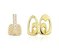 2PCS 14K Gold Plated Grillz Single & Double Tooth Caps Vampire Fangs Fake Grill Open Face Diamond Grills for Your Teeth Grillz for Women Men Hip Hop Rapper Costume Accessory, One Size, Brass, Cubic