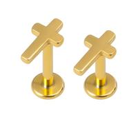 2Pcs 16G Cross Stainless Steel Labret Stud Internally Threaded Lip Piercing Nose Studs Lip Bar 8mm 10mm Minimalist Cristian Tragus Helix Cartilage Body Piercing Jewelry for Women (Gold)