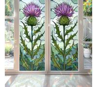 2PCS 17.7x39.4inch Thistle Flower Stained Glass Window Film, Thistle Flower Stained Glass Window Film for Bathroom Door Heat Anti UV N06