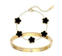 2Pcs 18K Gold Plated Clover Bracelet Set for Women Love Bangle Bracelet Adjustable Charm Stack Lucky Bracelets Cute Gold Bracelets Link Trendy Jewelry Gift for Birthday Christmas Valentine's Day, S