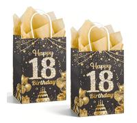 2pcs 18th Birthday Gift Bag, Black Gold Happy 18th Birthday Paper Gift Bag with Handles Tissue Paper, Reusable Party Present Bag for 18 Year Old Boys Girls, 22x15.7x8cm