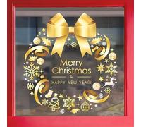 2PCS 18x19 Inch Gold Christmas Wreath Window Clings with Bow, Snowflakes & Reindeer, Static Decal for Glass Wall, Door, Showcase Holiday Decor
