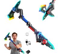 2PCS 2-in-1 Deformable Mechanical Sword Axe with Colorful & Spray Mist Sound Effects Transformable Light up Axe Sword Toy Creative Cosplay Prop for (Red)