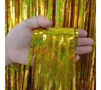 2Pcs 200 x 100cm Tinsel Foil Curtains, Metallic Foil Fringe Curtain Backdrop, Hanging Streamers Decorations for Baby Shower Birthday Wedding Party Halloween (Gold)