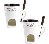 2Pcs 200ml White Ceramic Chocolate Fondue Mugs with Forks, Heat-Resistant Reusable Fondue Set for Date Night, Birthday Gifts
