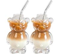 2pcs 2025 New Bear Straw Cup, Cute Bear Glass Cup with Straw, Kawaiis Bears ShapedCups,Clear Teddys Bears GlassCups for Coffee Beers Cocktail, Microwave Safe for Home Bar, Office Partyy