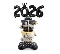 2Pcs 2026 Happy New Year Balloons, 28.7x58.2 Inch Black Gold Self-Standing Gift Box Foil Balloon with Black Number 2026 Balloons for New Years Eve Party Photo Props Backdrop Decorations