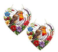 2PCS 20x20CM Large Stained Glass Robin Garden Ornament,2D Window Sun Catcher,Heart-Shaped Hanging Decoration,Acrylic Hanging Garden Suncatcher Robin on Branch,for Garden Decorations,Bird Ornaments