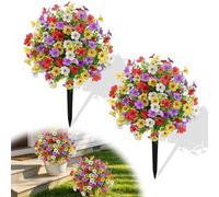 2Pcs 23" Artificial Topiary Ball flowers Outdoor - UV Resistant Fake Plants with Ground Spike, Realistic Boxwood Bushes Trees for Spring Garden, Porch, Patio & Yard Decor (Mix colors (Style 2))