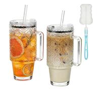 2Pcs 24Oz(730ml) Glass Tumbler with Straw & Lid - Reusable Iced Coffee Cup with Handle & Cup Brush Smoothie Glass Matcha Drinking Cup for Ice Coffee Juice Drink Milk Tea Cocktail Wedding Birthday Gift