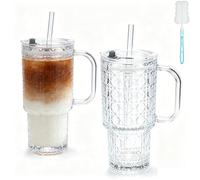 2Pcs 24Oz Glass Tumbler with Straw & Lid - Reusable Iced Coffee Cup with Handle & Cup Brush Smoothie Glass Matcha Drinking Cup for Ice Coffee Juice Drink Milk Tea Cocktail Wedding Birthday Gift