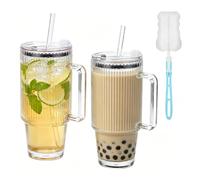 2Pcs 24Oz Glass Tumbler with Straw & Lid - Reusable Ribbed Iced Coffee Cup with Handle & Cup Brush Smoothie Glass Matcha Drinking Cup for Ice Coffee Juice Drink Milk Tea Cocktail Birthday Gift