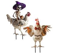 2PCS 2D Flat Halloween Chicken Skeleton Metal Rooster Yard Decor with Stakes Realistic Halloween Chicken Ornament for Outdoor Yard Lawn Garden