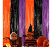 2pcs 2x1m Halloween Tinsel Foil Fringe Curtain Shimmer Black Orange Purple Fringe Streamers Backdrop for Wedding Birthday Halloween Party Door Decoration Background Photo Props