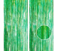 2pcs 3.2 x 8.3ft Glitter Green Tinsel Curtain Foil Curtain Decorations Metallic Tinsel Door Hanging Foil Flow Silk Streamers Photo Backdrop Decoration for Birthday Christmas Jungle Party Decor