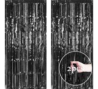 2pcs 3.2ft x 6.5ft Foil Fringe Curtain Door Curtains, Metallic Tinsel Curtains Streamers for Birthday Graduation Wedding Engagement Bridal Shower Bachelorette Holiday Party Decoration (Black)