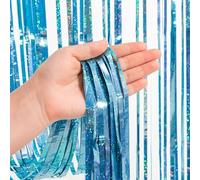 2pcs 3.2ft x 8ft Blue Tinsel Foil Fringe Curtains Streamers Backdrop for Sparkle Metallic Kids Frozen Birthday, Baby Shower, Mermaid, Ocean Party Wall Streamers, Glitter Photo Decoration