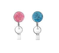 2Pcs 3.2x8.5cm Blue Pink Glitter Badge Reel Retractable ID Holder with Belt Clip for Nurses Teachers and Students