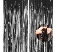 2pcs 3.3ft x 8ft Foil Fringe Curtain Door Curtains, Black Metallic Tinsel Streamers for Halloween Birthday Graduation Wedding Engagement Bridal Shower Bachelorette Party Decoration, Photo Backdrop
