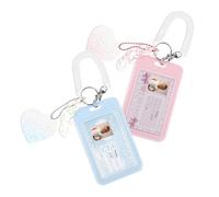 2Pcs 3 Inch Acrylic Kpop Photocard Holder, Photocard Holder Keychain, Photo Card Holder with Love Heart Pendant, Clear Photo Stand Display Frame for Tabletop Decor (Pink, Blue)