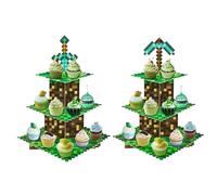 2Pcs 3-Tier Game Cupcake Stand with Sword and Arrow, Cardboard Dessert Holder for Fans Birthday, Gamer Theme Party Supplies, Creative Tiered Serving Tray Decorations (GREEN)