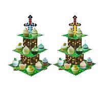 2Pcs 3-Tier Game Cupcake Stand with Sword and Arrow, Cardboard Dessert Holder for Fans Birthday, Gamer Theme Party Supplies, Creative Tiered Serving Tray Decorations (GOLD)