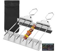 2Pcs 3 Way Grill Skewers, 3-Prong Kabob Skewers with Holder Stainless Steel Grill Skewers with Push Bar Slider Bar Slider Grill Sticks with Oil Brush& Storage Bag BBQ Accessories for Meat Sausages