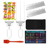 2Pcs 3 Way Grill Skewers, Stainless Steel BBQ Grill Skewers with Brush, Stand, Easy to Push Bar Slider Grill Sticks for Outdoor Barbecue/Chicken/Sausages/Veggies