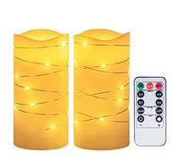 2PCS 3"x6" Flameless Candles Battery Operated String of White Led Lights Wrapped Around Real Wax Pillar Candles with Remote and Timer