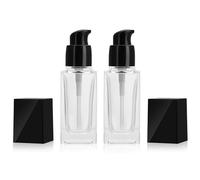 2PCS 30ml 1oz Square Clear Glass Pump Bottles with Black Lids Refillable Cosmetic Containers for Lotion Serum Foundation Travel