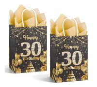 2pcs 30th Birthday Gift Bag, Black Gold Happy 30th Birthday Paper Gift Bag with Handles Tissue Paper, Reusable Party Present Bag for 30 Year Old Boys Girls, 22x15.7x10cm