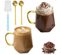 2Pcs 350ML Glass Mugs with Spoon - Clear Iced Coffee Cup Matcha Ribbed Wavy Glass Cups Matcha Glasses with Handle & Cup Brush for Ice Coffee Juice Drink Milk Tea Cocktail Wedding Birthday Gift