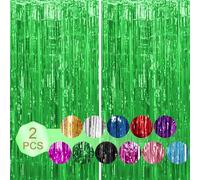 2Pcs 3ft x 6.56Ft Green Tinsel Glitter Curtain, Metallic Tinsel Curtains Rainbow Foil Fringe Curtains for Photo Backdrop Door Wall Hanging Window Curtain Party Office Decoration