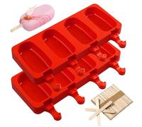 2PCS 4 Cavities Silicone Ice Lolly Moulds with 50pcs Wooden Sticks, Non Stick Cakesicle Moulds, Ice Cream Moulds Homemade Popsicle Ice Pop Maker BPA Free Popsicle Mould (Red)