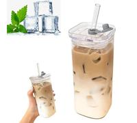 2Pcs 400ml Square Glass Tumbler with Straw and Lid,Thickened Iced Coffee Cup for Smoothies, Juice,Cocktails and Tea,Reusable Drinking Glass for Home, Office & Travel