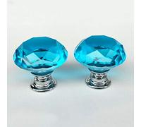 2PCS 40mm Crystal Glass Door Knobs Clear Diamond Pull Handle Aluminium Alloy with Screw for Drawer Cabinet Furniture Kitchen Home Decorating (Lake Blue)