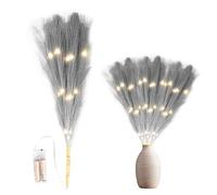 2Pcs - 45cm Prelit Grey Pampas Grass Stem, Warm White LEDs Battery-Operated Christmas Artificial Flowers for Boho Wedding Bedroom Living Room Decorations