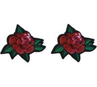 2Pcs 5 inch Red Sequin Rose with Leaf Patch Iron-On/Sew On, Applique Embroidered Iron on Patch Sew On for Clothing Applique for Jackets, Hats, Backpacks Repair Patches for Craft Sewing