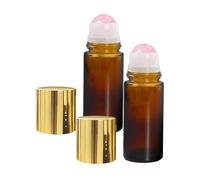 2pcs 50ml Large Rose Quartz & Green Stone Amber Glass Roll on Bottles with Natural Crystal Roller Balls for Essential Oils, Refillable Empty Deodorant Containers for Travel