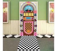 2PCS 50s Retro Jukebox Door Cover 1950s Party Decoration Back to 50’s Hanging Backdrop Black White Checkered Runner Rug 1950s Party Porch Sign Background for Music Party Birthday Baby Shower