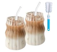 2Pcs 530ML Glass Mugs with Straws - Clear Iced Coffee Cup Matcha Ribbed Wavy Glass Cups Matcha Glasses with Straws Brush & Cup Brush for Ice Coffee Juice Drink Milk Tea Cocktail Wedding Birthday Gift