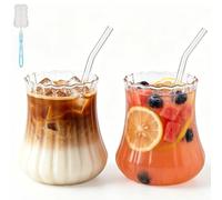 2Pcs 550ML Glass Mugs with Straws - Clear Iced Coffee Cup Matcha Ribbed Glass Cups Matcha Glasses with Straws Brush & Cup Brush for Ice Coffee Juice Drink Milk Tea Cocktail Wedding Birthday Gift