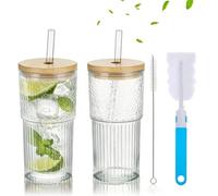 2Pcs 550ml Ribbed Glass Cups Tumblers with Lids and Straws, Travel Coffee Mug Wide Mouth Bamboo Mason Jar Iced Coffee Cup Smoothie Cup Glass Tumbler Tea Cup Clear Cute Water Cups Drinking Jars Glasses