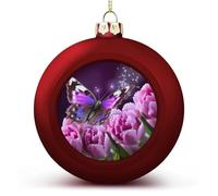 2PCS 60mm Red Personalised Christmas Bauble,Purple Flower Butterflyprinted Plastic Shatterproof Customizable Photo Text Christmas Decorations Baubles