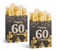 2pcs 60th Birthday Gift Bag, Black Gold Happy 60th Birthday Paper Gift Bag with Handles Tissue Paper, Reusable Party Present Bag for 60 Year Old Boys Girls, 22x15.7x13cm