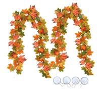 2Pcs 6Ft Artificial Autumn Fall Maple Leaf Garland, Artificial Autumn Maple Leaves Decor with Hooks, Hanging Maple Vines, Fall Leaves for Thanksgiving Decor Home Wedding Fireplace Party
