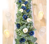 2PCS 6FT Artificial Eucalyptus Flower Garlands with Navy Blue White Roses | Fake Flowers, Greenery Garland, Faux Gypsophila Floral, Vines for Wedding Party Home Table Runner Decor
